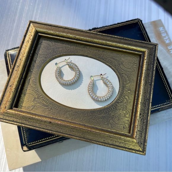 18K GOLD PLATED MICRO PAVÉ CZ ENCRUSTED HOOP LOOP EARRINGS SPARKLY SPARKLE NWT - Picture 14 of 16